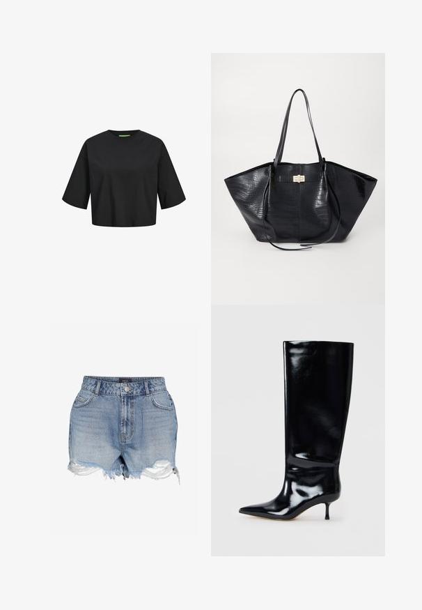 Musta puuvillainen lyhythihainen crop-top, jossa on pyöreä kaula-aukko, lyhyet hihat ja vihreä etiketti kaula-aukossa. Sujuva, pehmeä rakenne.; Vaaleansiniset farkkushortsit, joissa ovat rispaantuneet lahkeet, viisi taskua, vyölenkit ja metallinen napillinen kiinnitys vyötäröllä.; Polvijalkane mustat nahkasaappaat, joissa on kiiltävä pinta, terävä kärki ja hoikka korko. Sujuva pinta, jossa on vähän muotoilu yksityiskohtia.; Mustakäsin, jossa on krokotiilikuosi, sileä pinta, kaksoisoljet ja keskiössä kultasävytteinen yksityiskohta.