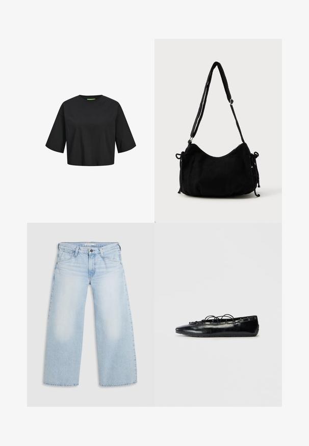 Schwarzes Baumwoll-Crop-Top mit rundem Ausschnitt, kurzen Ärmeln und einem grünen Etikett-Detail am Ausschnitt. Glatte, weiche Textur.; Helle blaue weite Jeans aus Denim. Mit geradem Schnitt, Fünf-Taschen-Design und einem Knopfverschluss am Bund.; Schwarze spitz zulaufende flache Schuhe mit Schnürung und Ösen entlang der Kanten, vor einem weißen Hintergrund präsentiert.; Schwarze Cordtasche mit geschwungener Form, verstellbarem Schultergurt und Kordelzugverschlüssen an beiden Seiten zur Größenanpassung.
