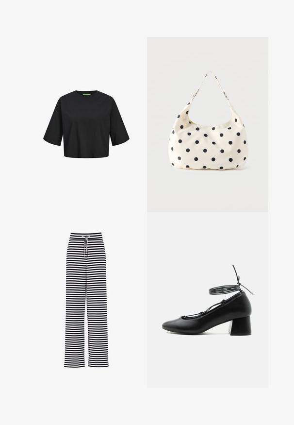 Zwarte katoenen cropped t-shirt met een ronde hals, korte mouwen en een groen labeldetail bij de hals. Glad, zacht textuur.; Zwart-witte horizontaal gestreepte wijde broek met een elastische tailleband met trekkoord.; Zwarte leren schoen met middelhoog hakje, puntige neus, gekruiste riempjes en een wikkelriem rond de enkel op een witte achtergrond.; Crèmekleurige stoffen handtas met zwarte polkadots en een enkele schouderriem, getoond tegen een effen witte achtergrond.