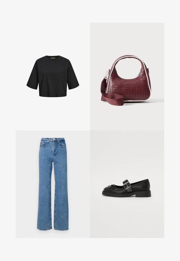 Musta puuvillainen lyhythihainen crop-top, jossa on pyöreä kaula-aukko, lyhyet hihat ja vihreä etiketti kaula-aukossa. Sujuva, pehmeä rakenne.; Siniset korkeavyötäröiset suorat farkut, joissa on pieniä valkoisia kukkakuvastoja ripoteltuna kankaan pinnalle.; Mustat nahkaiset Mary Jane -kengät pyöreällä varpaalla, nilkkahihnalla ja hopeanvärisellä soljella. Ominaisuuksiin kuuluu litteä, paksu pohja ja nauha-akseli.; Tummanpunainen kudottu nahkainen käsilaukku kaarevalla kahvalla, valkoisella reunuksella, hopeisella vetoketjulla ja irrotettavalla leveällä kangasolkaimella yksivärisellä taustalla.