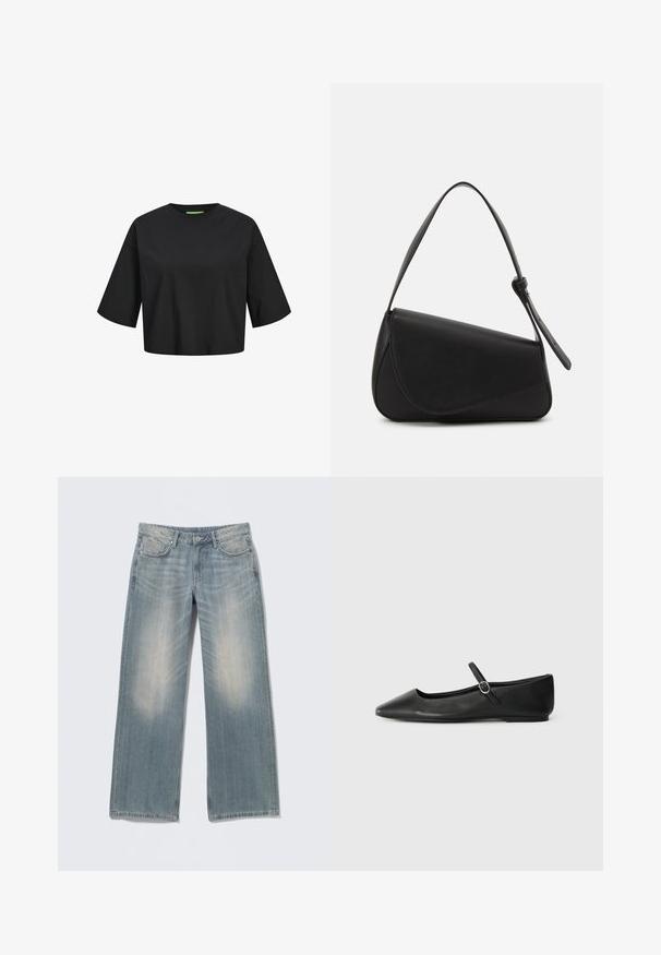 Sort bomulds cropped t-shirt med rund hals, korte ærmer og en grøn label detalje ved halsudskæringen. Glat, blød tekstur.; Lyseblå jeans med vide ben og falmet finish, lavet af denim. Har bæltestropper, forlommer og lynlås med knaplukning.; Sorte læder balletflade med spids tå, flad sål og en lille spænde rem over anklen for en sikker pasform.; Sort læderhåndtaske med en triangular form, skrå klap og et rundt håndtag. Har en glat overflade og minimalistiske design detaljer.