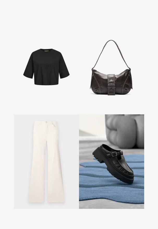 Μαύρο βαμβακερό cropped t-shirt με στρογγυλή λαιμόκοψη, κοντά μανίκια και πράσινη λεπτομέρεια στην λαιμόκοψη. Απαλή, λεία υφή.; ONLY Wide-fit ONLMADISON High waist Wide Leg Fit - Wide leg - ecru; Μαύρο δερμάτινο μοκασίνι με χοντρή σόλα και ασημένια πόρπη, τοποθετημένο διαγώνια πάνω σε μπλε υφασμάτινο χαλί.; Καφέ δερμάτινη τσάντα ώμου με καμπύλη μορφή, που διαθέτει έντονη διάκοσμηση από κούμπωμα, αντίθετη ραφή και μία μόνο λουρί ώμου.