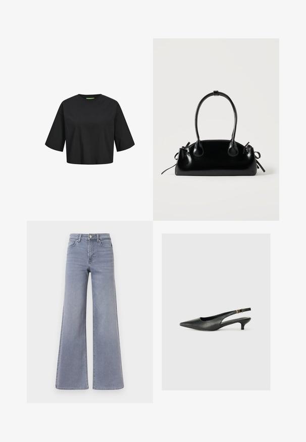 Schwarzes Baumwoll-Crop-Top mit rundem Ausschnitt, kurzen Ärmeln und einem grünen Etikett-Detail am Ausschnitt. Glatte, weiche Textur.; Hellblaue Jeans mit weitem Bein und hoher Taille, mit vorderer Knopf- und Reißverschluss, vorne und hinten Taschen, auf weißem Hintergrund dargestellt.; Schwarzer Slingback-Schuh mit spitzem Zehenbereich aus glattem Leder. Mit einem dünnen Absatz und einer dekorativen Schnalle am verstellbaren Riemen.; Kleine schwarze glänzende Handtasche mit zwei langen Griffen und seitlichen Kordelzug-Details vor einfachem hellem Hintergrund.