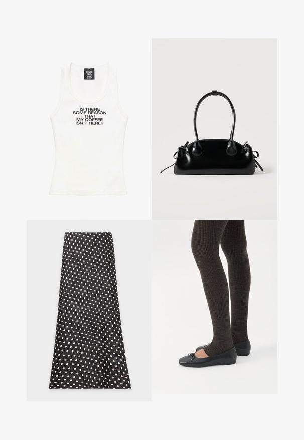 Débardeur blanc sans manches avec texte noir, « Y A-T-IL UNE RAISON POUR LAQUELLE MON CAFÉ N’EST PAS LÀ ? » et une étiquette indiquant « The Devil Wears Prada. »; Jupe noire trapèze avec des pois blancs répartis uniformément sur le tissu, présentée à plat sur fond blanc.; Jambes portant des leggings côtelés foncés associés à des ballerines noires avec de petits détails en nœud sur fond blanc.; Petit sac à main noir brillant avec deux longues anses et des détails à cordon sur les côtés sur un fond clair uni.