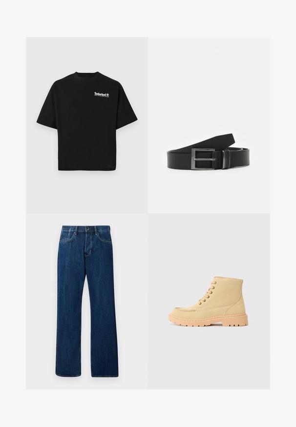 Μαύρο κοντομάνικο T-shirt Timberland με λευκό λογότυπο και σλόγκαν "Άνεμος, Νερό, Γη και Ουρανός" στο αριστερό στήθος.; Σκούρο μπλε τζιν παντελόνι, ευθεία γραμμή, μέτριο ύψος στη μέση, κλασικό στυλ με πέντε τσέπες και ελαφριά φθορά, με μεταλλικό κουμπί για κλείσιμο.; Μπεζ σουέτ μποτάκια στον αστράγαλο με μπεζ καουτσούκ σόλα, που διαθέτουν σχέδιο με κορδόνια και εμφανή ραφή κατά μήκος των άκρων.; Μαύρη δερμάτινη ζώνη με ορθογώνιο ασημένιο μεταλλικό κούμπωμα, επίπεδο σχέδιο και ομαλή υφή. Τα άκρα της στενεύουν για εύκολη διέλευση.