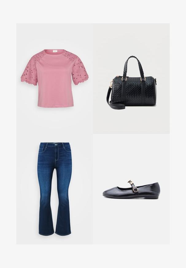 Lyserød kortærmet top med en ensfarvet krop og detaljeret blondeudsmykning på ærmerne, der har blomstertryk og bølgede kanter.; Mørkeblå bootcut jeans lavet af denim, med fem lommer, lynlås og knaplukning samt kontrastsyninger langs sømmene.; Sort læder flad Mary Jane sko med blomsterformet guldbeslag og to blomsterdekorationer på rem, vist fra siden.; Sort læderhåndtaske med flettet mønster, to korte håndtag og aftagelig lang rem, placeret mod en ensfarvet lys baggrund.