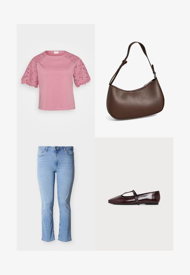 Roze top met korte mouwen, met een effen lijf en ingewikkelde kantdetails op de mouwen met bloemmotieven en geprofileerde randen.; Lichtblauwe spijkerbroek met rechte pasvorm, ontwerp met vijf zakken en knoopsluiting in de taille. Versleten textuur op de stof.; Donker bordeauxrode leren platte schoen met een puntige neus en een dunne T-strap met een zilveren gesp op een witte achtergrond.; Kleine bruine leren schoudertas met verstelbare band en ritssluiting, getoond tegen een witte achtergrond. Geen zichtbaar merk of versieringen.