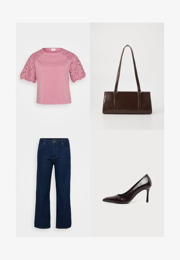 Lyserød kortærmet top med en ensfarvet krop og detaljeret blondeudsmykning på ærmerne, der har blomstertryk og bølgede kanter.; Mørkeblå denim jeans med lige pasform, der har en lynlås, fem lommer og synlige syninger.; Sort læder pegetå højhælet sko med en slank stilet hæl på en ensfarvet lys baggrund.; Brun lakeret håndtaske med rektangulær form, to lange håndtag og subtile buede detaljer på fronten.