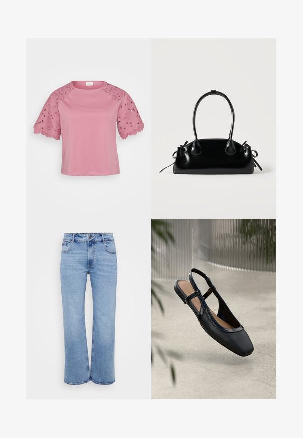 Rosa Kurzarm-Oberteil mit einem einfarbigen Körper und aufwendigen Spitzenelementen an den Ärmeln, die Blumenmuster und gezackte Kanten aufweisen.; Hellblaue weit geschnittene Jeans aus Denim, ausgestattet mit fünf Taschen, einem Reißverschluss vorne und einem Knopfverschluss. Dezente Nähtdetails entlang der Nähte.; Schwarze Leder Slingback Ballerina mit rechteckiger Zehenpartie, ausgestattet mit einem glänzenden lackierten Besatz und verstellbaren Riemen für einen sicheren Sitz.; Kleine schwarze glänzende Handtasche mit zwei langen Griffen und seitlichen Kordelzug-Details vor einfachem hellem Hintergrund.