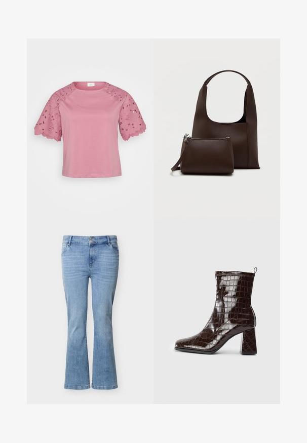 Lyserød kortærmet top med en ensfarvet krop og detaljeret blondeudsmykning på ærmerne, der har blomstertryk og bølgede kanter.; Lyseblå denimjeans med vide ben, dobbelt knaplukning, forlommer og diskret falmning på lårene.; Mørkebrun patentlæder ankelstøvle med krokodillemønster, blokhæl og trækstrop bagpå mod hvid baggrund.; Brun syntetisk håndtaske med et buet håndtag og en glat tekstur. Inkluderer et matchende lille toilettaske med lynlås. Minimalistisk design.
