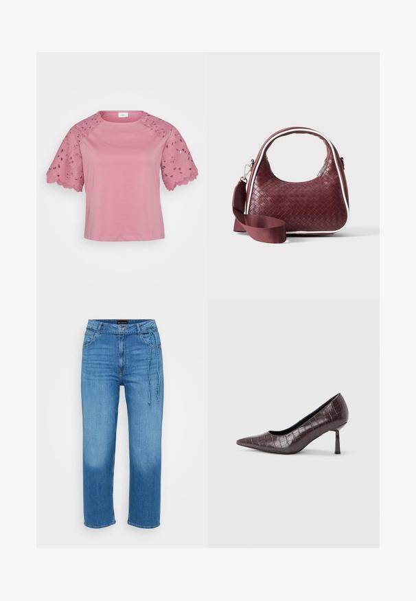 Rosa Kurzarm-Oberteil mit einem einfarbigen Körper und aufwendigen Spitzenelementen an den Ärmeln, die Blumenmuster und gezackte Kanten aufweisen.; Helle blaue Denim-Jeans mit einem lässigen Schnitt, geraden Beinen, mittelhoher Taille und verstellbarem Bindebanddetail an der Vorderseite. Glatte Textur.; Braune Pumps mit spitz zulaufender Spitze aus Kunstleder in Krokodiloptik, mit schlankem, eckigem Absatz und glatter Innenfütterung.; Dunkelrote gewebte Ledertasche mit gebogenem Griff, weißem Besatz, silbernem Reißverschluss und abnehmbarem breitem Stoff-Schulterriemen vor einfarbigem Hintergrund.