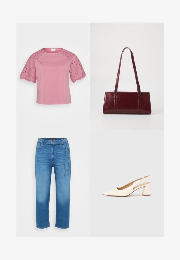 Rosa Kurzarm-Oberteil mit einem einfarbigen Körper und aufwendigen Spitzenelementen an den Ärmeln, die Blumenmuster und gezackte Kanten aufweisen.; Helle blaue Denim-Jeans mit einem lässigen Schnitt, geraden Beinen, mittelhoher Taille und verstellbarem Bindebanddetail an der Vorderseite. Glatte Textur.; Slingback-Pumps aus glänzendem cremefarbenem Lackleder, mit spitzer Schuhspitze und klobigem, quadratischem Absatz für Stabilität. Minimalistisches Design, ohne Verzierungen.; Burgunderfarbene Handtasche aus glänzendem Material, rechteckige Form, mit zwei Schulterriemen und subtilen, geschwungenen Akzenten an der Vorderseite.