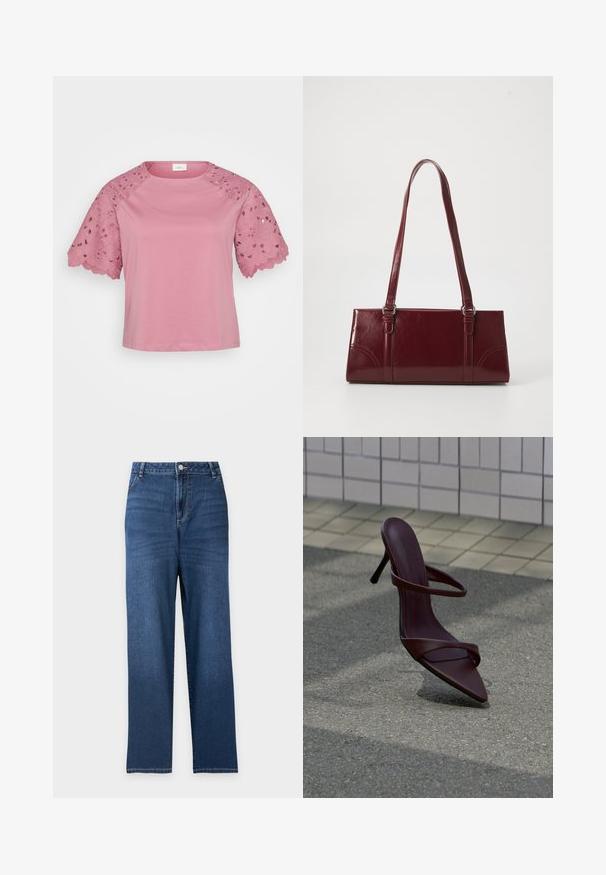 Rosa Kurzarm-Oberteil mit einem einfarbigen Körper und aufwendigen Spitzenelementen an den Ärmeln, die Blumenmuster und gezackte Kanten aufweisen.; Blaue Jeans mit geradem Bein, hoher Taille, Knopf vorne, Reißverschluss und Taschen vorne und hinten.; Dunkelbraune Sandalette mit hohen Absätzen und dünnen Riemchen, schwebt über grauem Asphalt in der Nähe einer gefliesten Wand.; Burgunderfarbene Handtasche aus glänzendem Material, rechteckige Form, mit zwei Schulterriemen und subtilen, geschwungenen Akzenten an der Vorderseite.