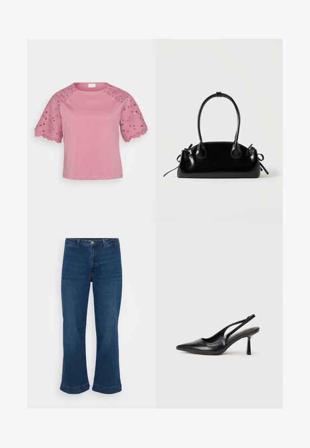 Roze top met korte mouwen, met een effen lijf en ingewikkelde kantdetails op de mouwen met bloemmotieven en geprofileerde randen.; Hoge taille blauwe spijkerbroek met een rechte pijp en een uitlopende zoom, gemaakt van denim. Beschikt over een klassiek vijf-pocket ontwerp en een metalen knoopsluiting.; Zwarte leren slingback hoge hak schoenen met puntige neus en slanke hak op een witte achtergrond.; Kleine zwarte glanzende handtas met twee lange hengsels en zijkant trekkoord details op een effen lichte achtergrond.