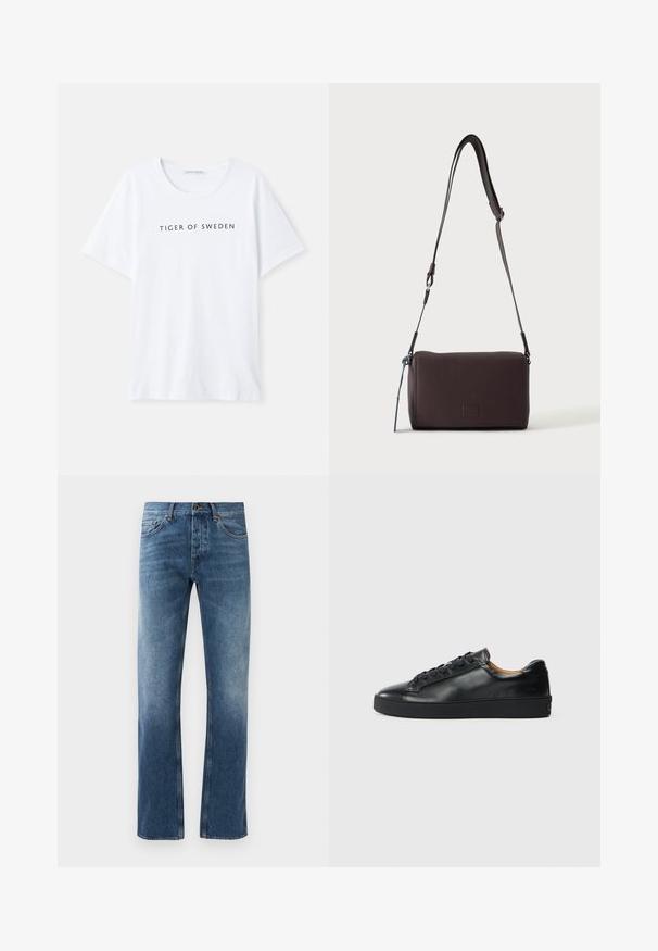 Weißes T-Shirt mit rundem Halsausschnitt und kurzen Ärmeln. Schwarzer Text mit der Aufschrift "TIGER OF SWEDEN" zentral auf der Vorderseite. Glatte Stofftextur.; Blaue Jeans aus Denim mit geradem Bein, blasser Wäsche, fünf Taschen und kontrastierenden Nähten. Knopf- und Reißverschluss am Bund.; Schwarze Leder-Sneaker mit glatter Textur, runder Zehenpartie und Schnürverschluss. Verfügt über eine dicke Gummisohle und minimalistische Marken-Details.; Dunkelbraune, strukturierte Leder-Crossbody-Tasche mit verstellbarem Riemen und kleinem dekorativen blauen Akzent an der Seite.