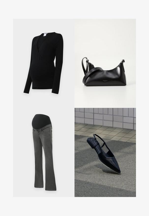 Sort langærmet top designet til graviditet, med en omslagsstil og strækbart stof for komfort over en voksende mave.; Graviditetsbukser i mørkegrå denim med en bred elastisk sort talje, lige benform og subtle udblegning på stoffet.; Sort slingback-flad sko med spids tå, svævende over en asfaltflade ved siden af en flisebelagt fortov.; Sort læderhåndtaske med en glat tekstur. Har en justerbar stropp og et enkelt, minimalistisk design med lynlås.