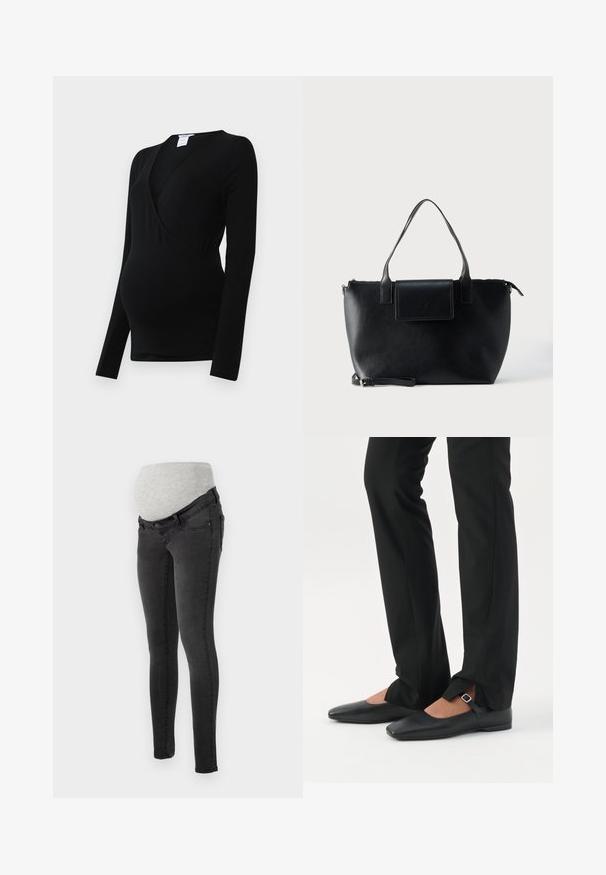 Sort langærmet top designet til graviditet, med en omslagsstil og strækbart stof for komfort over en voksende mave.; Mødrejeans i mørkegrå denim med en blød, grå elastisk livlinje for komfort. Slim fit design med standardlommer.; Ben iført sorte smalle bukser med forreste slidser ved kanten, parret med sorte flade Mary Jane-sko med lille spænde.; Sort lædertaske med to håndtag, en aftagelig rem, magnetisk flaplukning og en glat overflade. Lynlåslukning øverst og dekorative syninger.