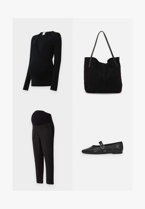 Sort langærmet top designet til graviditet, med en omslagsstil og strækbart stof for komfort over en voksende mave.; Sorte maternitetbukser med høj elastisk talje og tapered ben design. Stoffet har en glat tekstur med en let glans.; Sorte læder flade sko med rund tå, et enkelt justerbart spænde og en glat, blank overflade. Minimalistisk design med en lav hæl.; Sort ruskinds totemed med to lange, flade læderremme. Har en buet topkant og synlige stikninger langs forsiden. Ingen hardware-dekorationer.