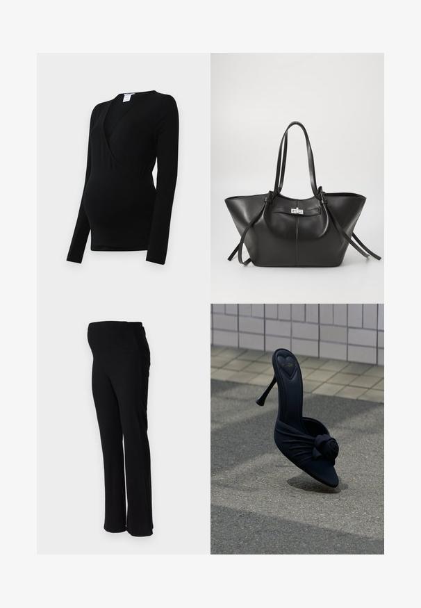 Top negro de manga larga diseñado para la maternidad, con un estilo envolvente y tejido elástico para mayor comodidad sobre una barriga en crecimiento.; ONLY MATERNITY OLMHALLE - Pantalones - black; Sandalia negra tipo slide con tacón alto, que presenta una parte superior de tela suave con un detalle de rosa anudada en la parte delantera y una punta en forma de pico.; Bolsa tote de cuero negro con una forma triangular amplia. Presenta un cierre metálico elegante, asas largas y una textura suave.