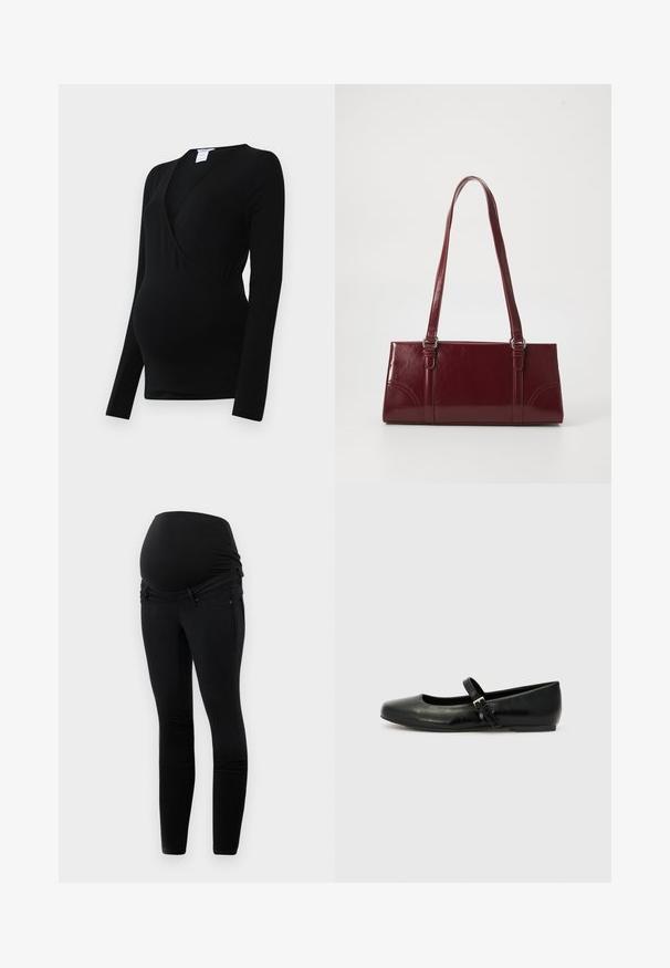 Sort langærmet top designet til graviditet, med en omslagsstil og strækbart stof for komfort over en voksende mave.; Sorte graviditetsjeans med en strækbar over-bump talje, slim fit og frontlommer med en glat tekstur.; Sorte læder balletflade med rund tå, flad sål og en tynd justerbar rem over svangen med en metalspænde.; Bordeaux håndtaske lavet af glansfuldt materiale, rektangulær form, med to skulderremme og subtile buede detaljer på forsiden.