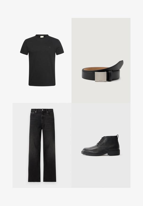 Zwart T-shirt met korte mouwen en ronde hals met een klein subtiel "cK" logo op de linkerborst.; Zwarte jeans met rechte pijpen, vijf zakken, riemlussen en knoopsluiting, weergegeven op een witte achtergrond.; Zwarte leren laarzen met een gestructureerde afwerking, ronde neus, vetersluiting aan de voorkant en een stevige rubberen zool. Voorzien van een klein aantreklipje aan de achterkant.; Zwarte leren riem met een gladde afwerking, voorzien van een zilveren vierkant gesp waarop "Calvin Klein" is gegraveerd en een bruine binnenvoering.
