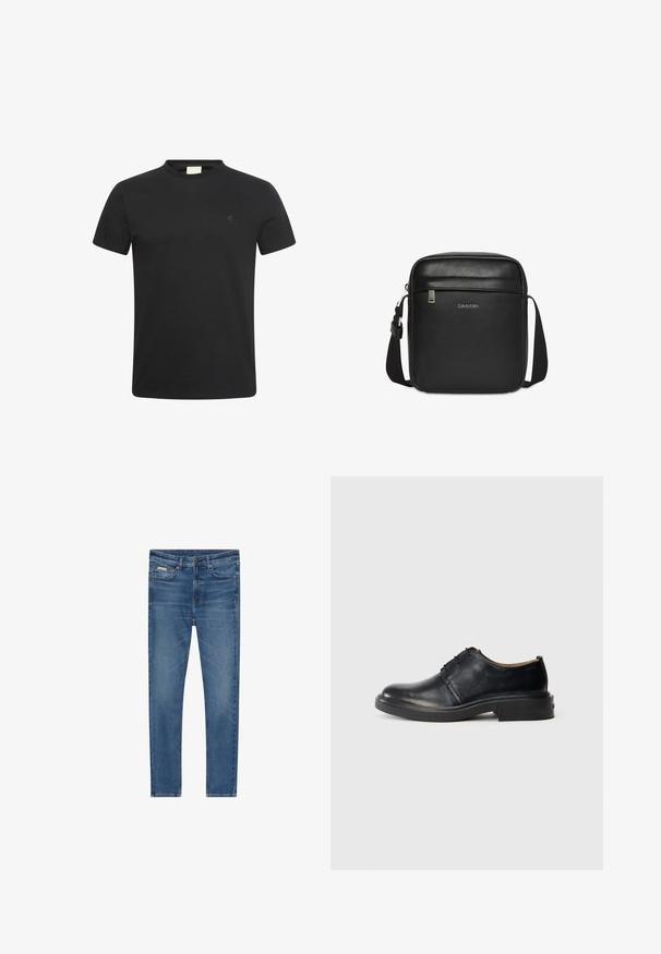 Zwart T-shirt met korte mouwen en ronde hals met een klein subtiel "cK" logo op de linkerborst.; Blauwe denim jeans met een slim fit, vijf zakken, knoopsluiting en subtiele vervaging op de dijen en knieën.; Zwarte leren oxford-schoen met ronde neus, vetersluiting aan de voorkant en een lage gestapelde hak op een effen lichte achtergrond.; Zwarte Calvin Klein gestructureerde leren crossbodytas met verstelbare band en voorvak met rits.