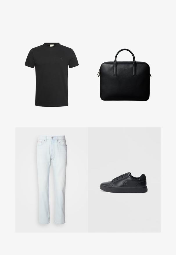 Sort t-shirt med korte ærmer og rund halsudskæring med lille diskret "cK" logo på venstre bryst.; Lyseblå denimjeans med lige ben. Har en knaplukning og bæltestropper, viser en falmet tekstur og minimal syning.; Sorte lædersneakers med snørebånd, gummisål og præget logo på siden, der har en glat tekstur og minimalistisk stil.; Sort tekstureret lædermappe med dobbelte håndtag og sølv lynlås, centreret på hvid baggrund.