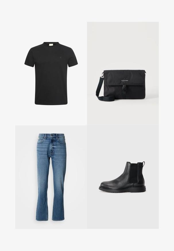 Sort t-shirt med korte ærmer og rund halsudskæring med lille diskret "cK" logo på venstre bryst.; Lyseblå denim jeans med lige pasform og let flare. Har fem lommer, knaplukning og subtile slidte detaljer.; Sorte læder chelsea støvler med tekstureret finish, elastiske sidepaneler og en robust gummisål. Subtil branding på hælen.; Sort Calvin Klein messenger-taske med justerbar skulderrem og frontklap sikret med spænde, vist mod en ensfarvet baggrund.