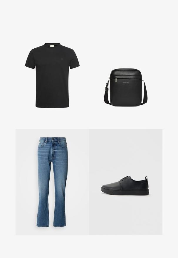 Zwart T-shirt met korte mouwen en ronde hals met een klein subtiel "cK" logo op de linkerborst.; Lichtblauwe denim jeans met een rechte snit en een lichte flare. Beschikt over vijf zakken, een knoopsluiting en subtiele wassingdetails.; Zwarte leren sneaker met een gladde afwerking, ronde neus, tonale stiknaden, vetersluiting aan de voorkant en een vlakke rubberen zool. Lussje aan de hak.; Zwarte Calvin Klein gestructureerde leren crossbodytas met verstelbare band en voorvak met rits.