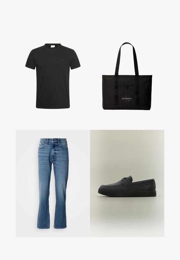 Zwart T-shirt met korte mouwen en ronde hals met een klein subtiel "cK" logo op de linkerborst.; Lichtblauwe denim jeans met een rechte snit en een lichte flare. Beschikt over vijf zakken, een knoopsluiting en subtiele wassingdetails.; Zwarte casual leren loafer met veters en dikke rubberen zool, zijaanzicht op een neutrale achtergrond.; Zwarte Calvin Klein totebag met twee lange handvatten en een voorvak, met het logo van het merk in wit en grijs.