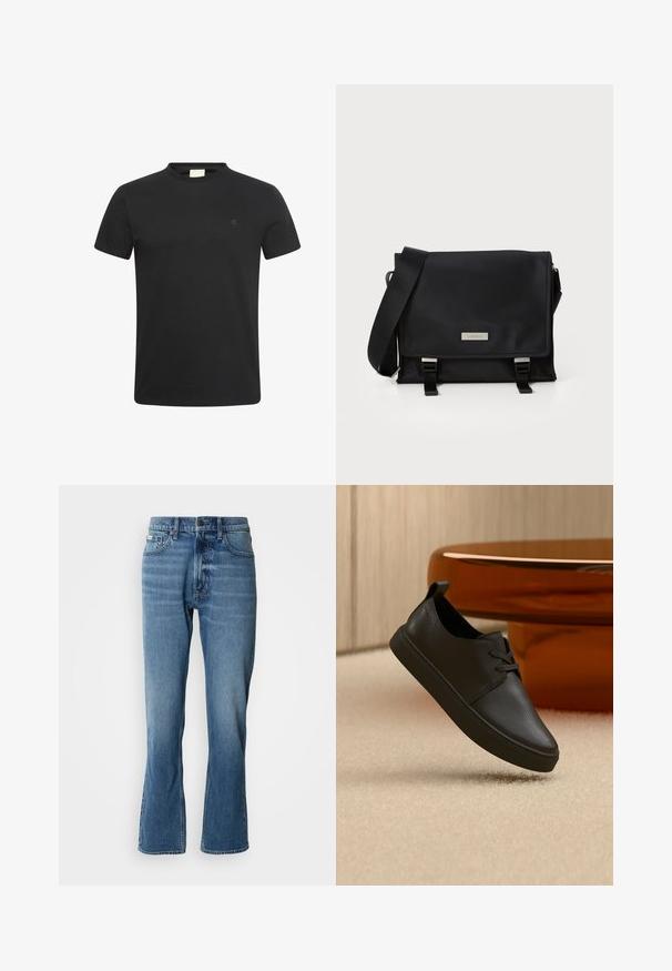 Sort t-shirt med korte ærmer og rund halsudskæring med lille diskret "cK" logo på venstre bryst.; Lyseblå denim jeans med lige pasform og let flare. Har fem lommer, knaplukning og subtile slidte detaljer.; Sort lædersneaker til hverdag med snørebånd, svævende over beige tæppe med et rundt bord af ravfarvet glas i baggrunden.; Sort messenger taske lavet af glat nylon med klaplukning, justerbar rem og hardwaredetaljer i sølvfarve. Kompakt og funktionelt design.
