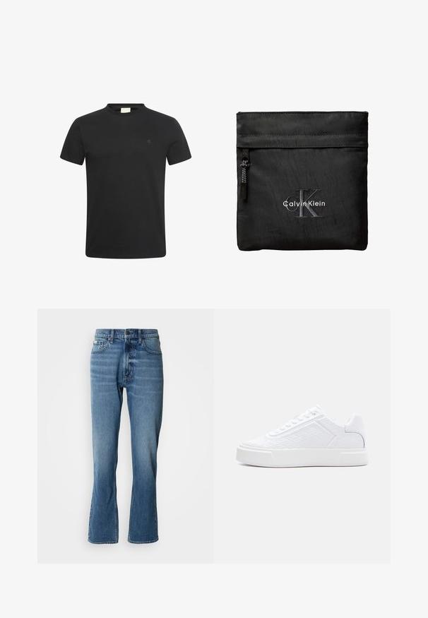 Schwarzes T-Shirt mit kurzen Ärmeln und Rundhalsausschnitt mit kleinem, dezentem "cK" Logo auf der linken Brust.; Hellblaue Denim-Jeans mit geradem Schnitt und leicht ausgestelltem Bein. Verfügt über fünf Taschen, einen Knopfverschluss und dezente Waschungseffekte.; Weißer Sneaker mit niedrigem Schaft, geprägt mit geometrischem Muster, Schnürverschluss und dicker Sohle, seitlich auf weißem Hintergrund dargestellt.; Schwarzes Calvin Klein Täschchen mit einer Reißverschlusstasche vorne und einem großen bestickten "CK" Logo in Grau und Weiß auf einfarbigem Hintergrund.