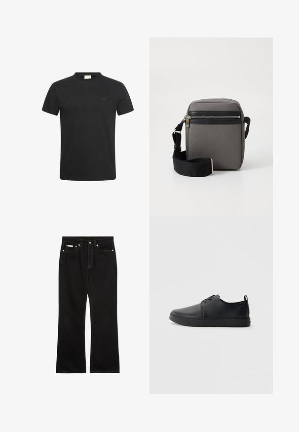 Sort t-shirt med korte ærmer og rund halsudskæring med lille diskret "cK" logo på venstre bryst.; Sorte jeans med lige ben, orange syning, fem lommer, knaplukning og et lille Calvin Klein-mærke på den forreste højre lomme.; Sorte lædersneakers med en glat finish, rund tå, tonalt syning, snøring foran og en flad gummisål. Løkke ved hælen.; Grå stof crossbody taske med en sort lynlåslomme, justerbar rem og rektangulær form. Har en glat overflade og metalbeslag.
