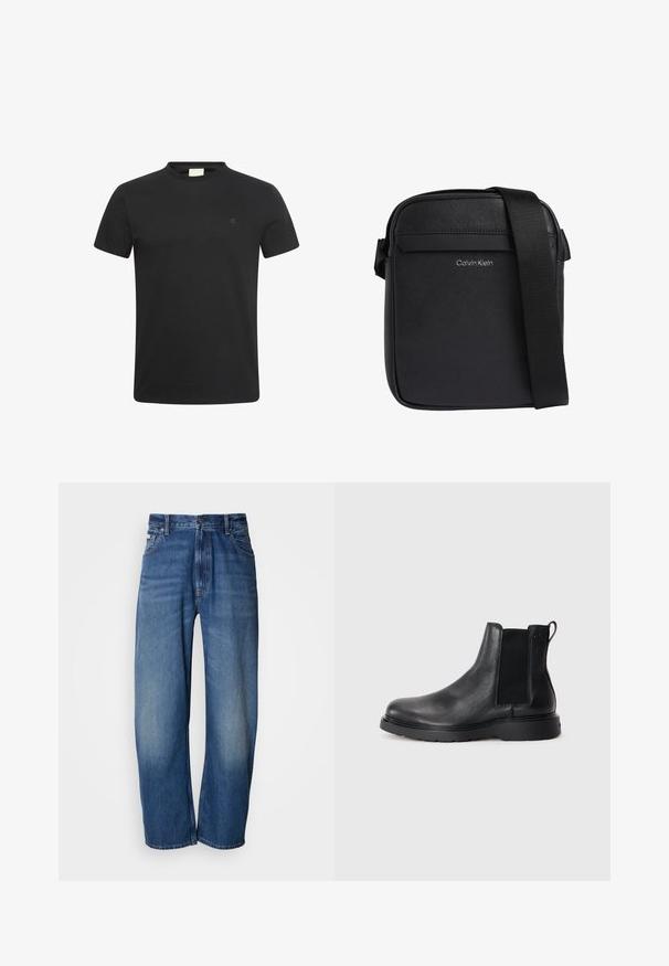 Zwart T-shirt met korte mouwen en ronde hals met een klein subtiel "cK" logo op de linkerborst.; Wijde jeans van denim in een middelblauwe wassing. Voorzien van een ritsvlieger, vijf zakken en lichte vervaging voor een gedragen uitstraling. Klassieke stikdetails.; Zwarte leren Chelsea boots met een gestructureerde afwerking, elastische zijpanelen en een stevige rubberen zool. Subtiele branding op de hiel.; Zwarte Calvin Klein crossbodytas met een gestructureerd oppervlak en verstelbare schouderriem.