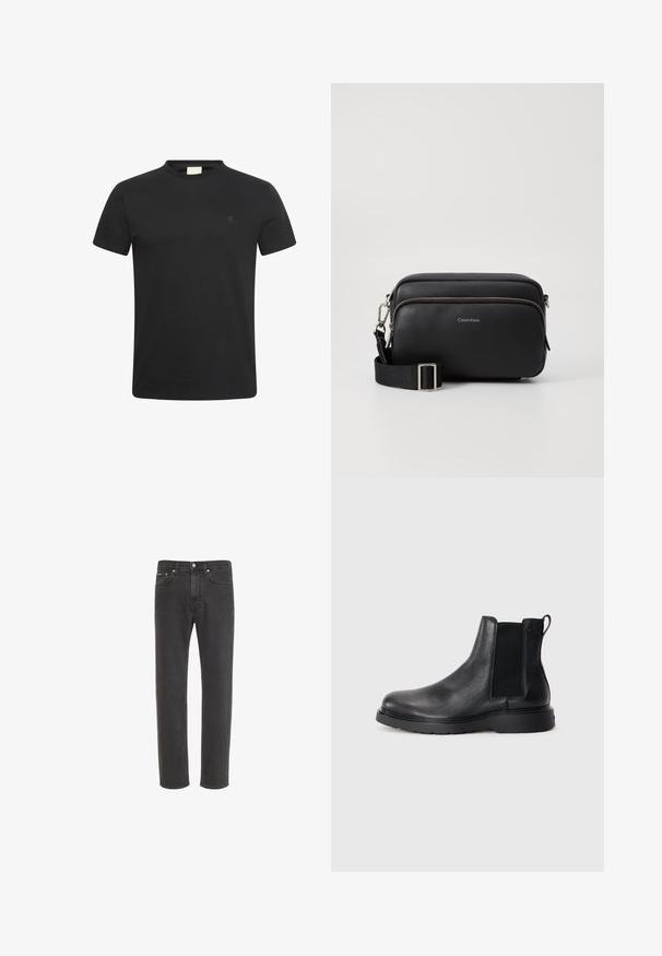 Sort t-shirt med korte ærmer og rund halsudskæring med lille diskret "cK" logo på venstre bryst.; Sorte jeans med lige ben i denim med knap- og lynlås-lukning foran, for- og baglommer, vist på hvid baggrund.; Sorte læder chelsea støvler med tekstureret finish, elastiske sidepaneler og en robust gummisål. Subtil branding på hælen.; Sort læder crossbody taske med to lynlåslommer, struktureret overflade, justerbar rem og sølvhardware detaljer. Calvin Klein-logoet er vist.