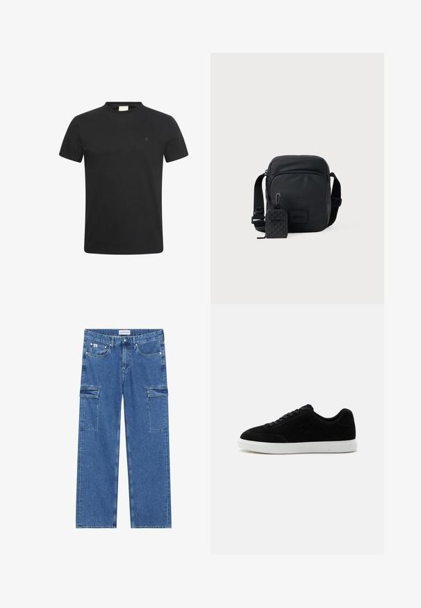 Sort t-shirt med korte ærmer og rund halsudskæring med lille diskret "cK" logo på venstre bryst.; Denim cargo bukser i mellemblå, med brede ben, to sidelommer med klap og diskrete stikninger. Calvin Klein Jeans mærket synligt.; Sort lavtop sneaker med snørelukning foran, diskret "ck" logo på siden og tyk hvid gummisål på ensformet lys baggrund.; Sort kompakt crossbody taske med justerbar rem og frontlomme med lynlås, der har en lille vedhæftet mønstret pung med klips.