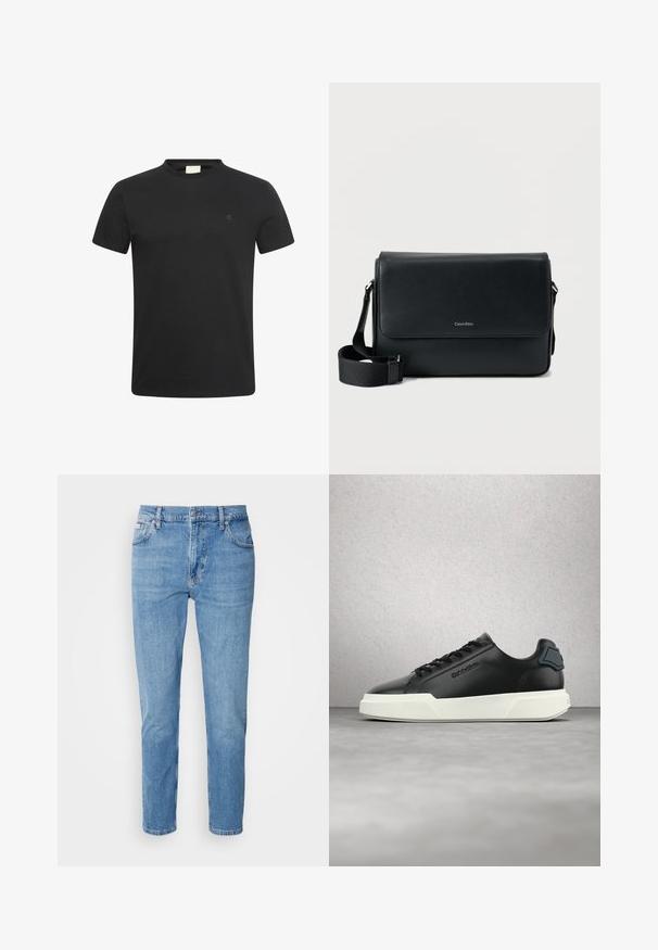 Sort t-shirt med korte ærmer og rund halsudskæring med lille diskret "cK" logo på venstre bryst.; Lys blå denim jeans med lige snit, fem-lomme design og subtilt slid. Har knaplukning og bæltestropper.; Sort lædersneaker med hvid sål, sorte snørebånd og præget mærke, vist flydende over en grå gulv med glasblokvæg i baggrunden.; Sort læder messenger taske med tekstureret finish, justerbar rem og en frontklap med et diskret logo. Kompakt og rektangulær form.