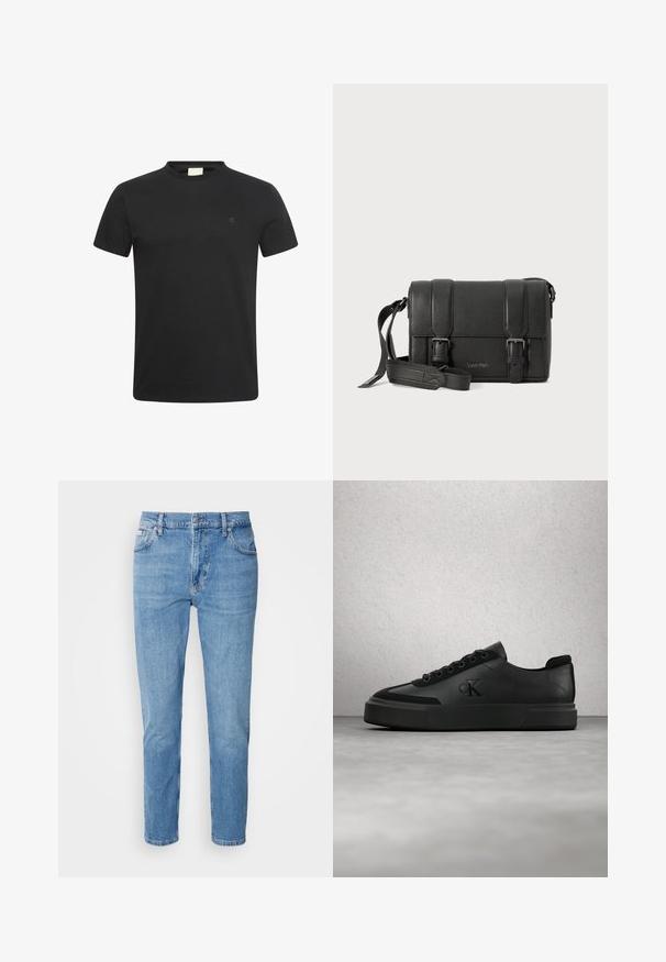 Sort t-shirt med korte ærmer og rund halsudskæring med lille diskret "cK" logo på venstre bryst.; Lys blå denim jeans med lige snit, fem-lomme design og subtilt slid. Har knaplukning og bæltestropper.; Sort lavtop sneakersko med snørebånd og præget logo, svævende over en poleret beton gulv nær en væg med glaspaneler.; Sort lædercrossbodytaske med struktureret overflade, dobbelte spænder og justerbar skulderrem. Viser prægede logoer foran.