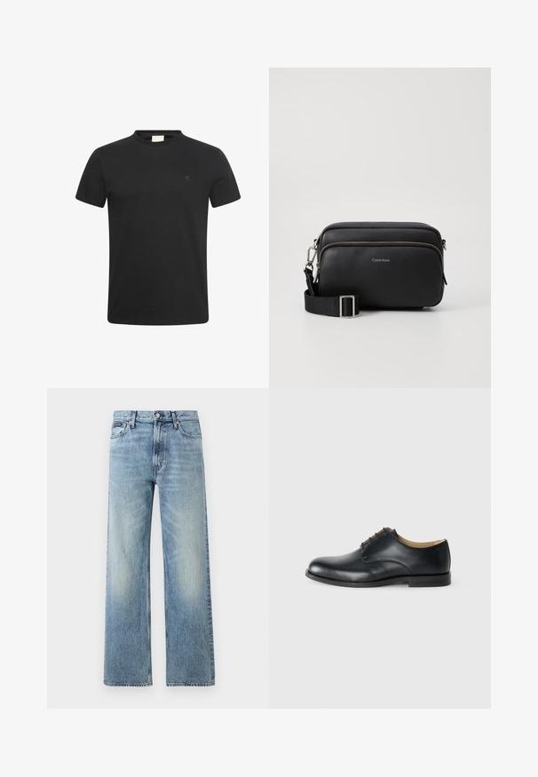Sort t-shirt med korte ærmer og rund halsudskæring med lille diskret "cK" logo på venstre bryst.; Lyseblå denim jeans med lige ben, højt talje, fem lommer, knaplukning og diskrete falmede områder på lår og knæ.; Calvin Klein ESS DERBY - Snøresko - triple black; Sort læder crossbody taske med to lynlåslommer, struktureret overflade, justerbar rem og sølvhardware detaljer. Calvin Klein-logoet er vist.