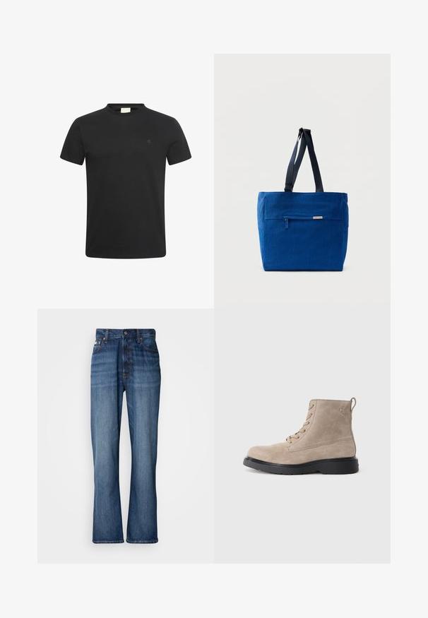 Zwart T-shirt met korte mouwen en ronde hals met een klein subtiel "cK" logo op de linkerborst.; Blauwe denim jeans met een hoge taille, uitlopende pijpen, vijf-vaks ontwerp en tonale stiksels. Bevat een knopenfly en gestikte zakken.; Beige suède enkellaarsjes met zwarte rubberen zool, vetersluiting en een klein logo dat aan de zijkant is gedrukt, voorzien van een trekloop aan de achterkant.; Blauwe canvas boodschappentas met een voorvak met rits, dubbele schouderbanden en een rechthoekige vorm. Heeft een subtiel merklabel.