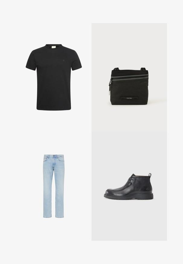 Zwart T-shirt met korte mouwen en ronde hals met een klein subtiel "cK" logo op de linkerborst.; Lichtblauwe rechttoe-rechtaan denim jeans met voorste knoop, ritssluiting en ontwerp met vijf zakken, getoond op een witte achtergrond.; Zwarte leren enkellaarsjes met een ronde neus, vetersluiting en een lipje aan de achterkant. Geribbelde bovenkant en rubberen zool.; Zwart en grijs Calvin Klein schoudertasje met ruitpatroon, voorzak met ritssluiting en verstelbare riem op een witte achtergrond.