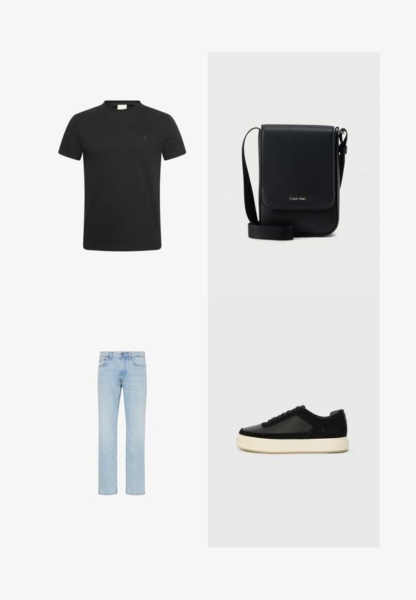 T-shirt noir à manches courtes avec col rond et petit logo "cK" subtil sur la poitrine gauche.; Jean denim bleu clair coupe droite avec bouton sur le devant, fermeture éclair et design cinq poches, présenté sur fond blanc.; Sneaker noir avec une combinaison de cuir et de suède, bout rond, lacets ton sur ton et une semelle en caoutchouc blanc épaisse. Détail subtil du logo sur le côté.; Sacoche Calvin Klein noire avec rabat, bandoulière ajustable et petit logo doré à l'avant, sur fond blanc uni.