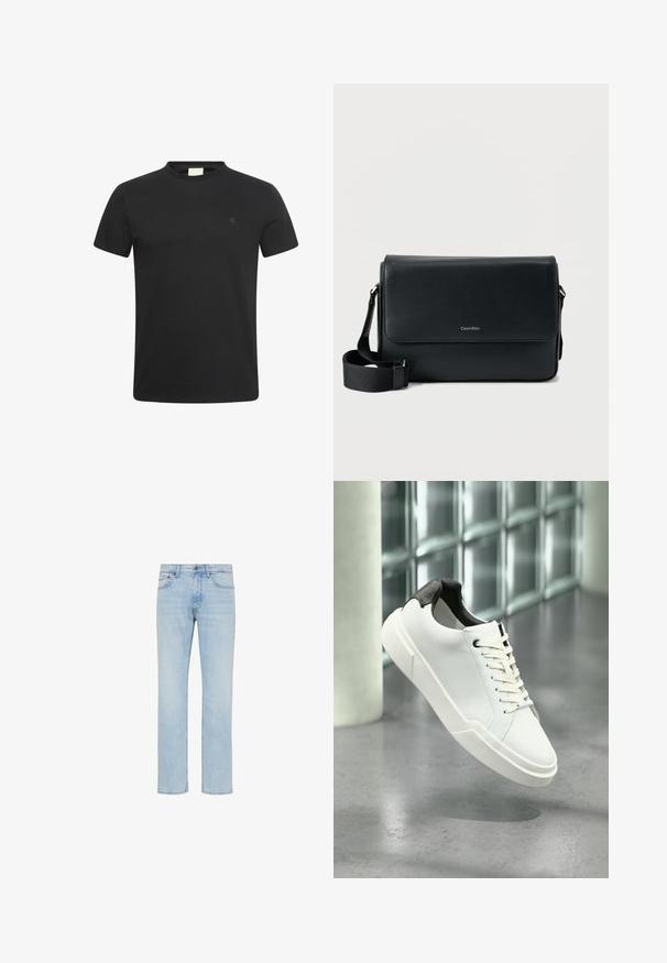 T-shirt noir à manches courtes avec col rond et petit logo "cK" subtil sur la poitrine gauche.; Jean denim bleu clair coupe droite avec bouton sur le devant, fermeture éclair et design cinq poches, présenté sur fond blanc.; Baskets basses blanches avec languette de talon noire texturée, lacets blancs et semelle épaisse sur un sol en béton poli près de blocs de verre.; Sac messager en cuir noir à surface texturée, avec une bandoulière ajustable et un rabat avant affichant un logo discret. Forme compacte et rectangulaire.
