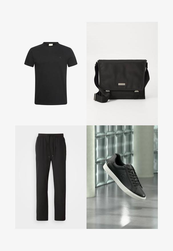 Schwarzes T-Shirt mit kurzen Ärmeln und Rundhalsausschnitt mit kleinem, dezentem "cK" Logo auf der linken Brust.; Schwarze Jogginghosen aus leichtem Stoff, mit einem elastischen Bund und verstellbaren Kordeln sowie Seitentaschen. Glatte Textur.; Schwarzer Low-Top-Sneaker mit weißer Sohle, Schnürsenkeln und eingeprägtem Logo, dargestellt vor einem Hintergrund aus Glasbausteinen und Betonpfeilern.; Schwarze Umhängetasche aus Nylon mit matter Oberfläche. Verfügt über einen Klappenverschluss, einen verstellbaren Trageriemen und eine kleine Metall-Logo-Platte.