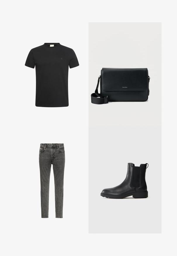 Sort t-shirt med korte ærmer og rund halsudskæring med lille diskret "cK" logo på venstre bryst.; Slim-fit, falmet sort denim jeans med fem lommer, bæltestropper og knaplukning ved taljen, vist forfra på en hvid baggrund.; Sort læder ankelstøvle med elastiske sidepaneler, træksnor ved hælen og lav bloksål mod en ensfarvet baggrund.; Sort læder messenger taske med tekstureret finish, justerbar rem og en frontklap med et diskret logo. Kompakt og rektangulær form.