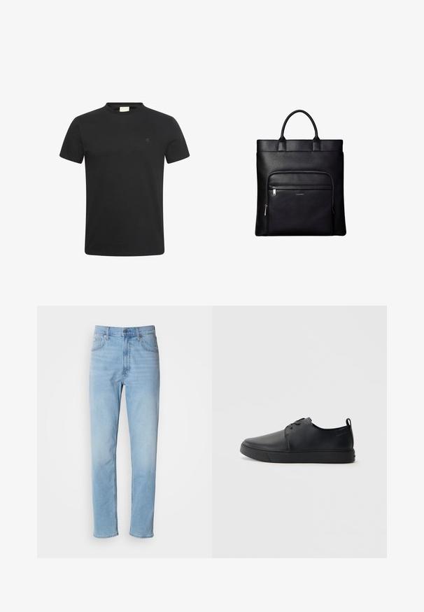 T-shirt noir à manches courtes avec col rond et petit logo "cK" subtil sur la poitrine gauche.; Jean en denim bleu clair avec une coupe droite, cinq poches et passants de ceinture. Le tissu présente une texture lisse avec un léger effet dégradé.; Baskets en cuir noir avec une finition lisse, bout arrondi, coutures ton sur ton, devant à lacets et semelle plate en caoutchouc. Anse au talon.; Sac cabas en cuir noir avec anses supérieures et poche avant zippée portant un petit logo Calvin Klein sur la poche.