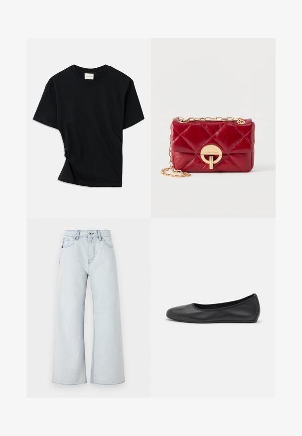 T-shirt noir en coton doux, doté d'un col rond, de manches courtes et d'un design légèrement torsadé pour une coupe décontractée.; Jean léger bleu clair avec une coupe large, fabriqué en denim. Comprend un style à cinq poches, des passants de ceinture et une fermeture à bouton.; Ballerines en cuir noir avec un bout rond, texture lisse, détails de couture minimalistes et design de semelle flexible.; Sac en cuir matelassé rouge avec une bandoulière chaîne dorée, doté d'une fermeture circulaire et d'un logo embossé à l'avant. Design compact et rectangulaire.