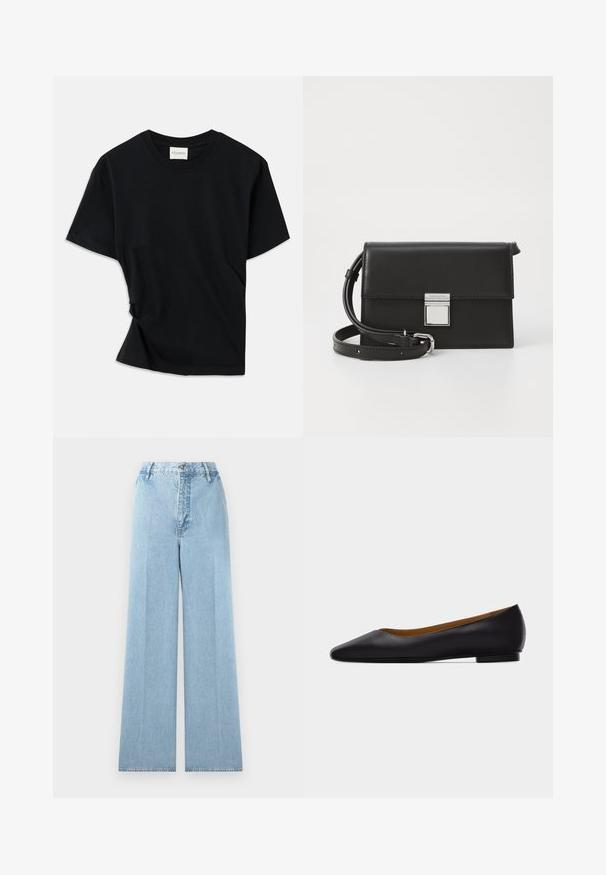 T-shirt noir en coton doux, doté d'un col rond, de manches courtes et d'un design légèrement torsadé pour une coupe décontractée.; Jeans larges bleu clair en denim avec une taille haute, comprenant cinq passants de ceinture, une fermeture à bouton à l'avant et des coutures cousues.; Chaussure plate en cuir noir à bout pointu avec talon bas et finition lisse, vue de côté sur un fond gris clair.; Sac en cuir noir à bandoulière de forme rectangulaire, avec un fermoir en métal argenté et une bandoulière amovible, présentant des lignes épurées et un design minimaliste.