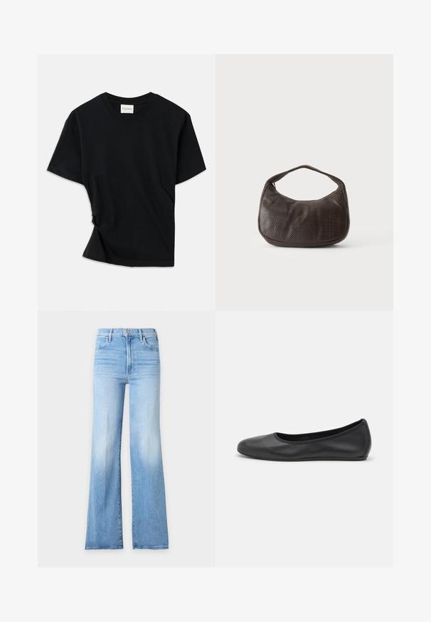 T-shirt noir en coton doux, doté d'un col rond, de manches courtes et d'un design légèrement torsadé pour une coupe décontractée.; Jean bleu clair taille haute avec jambes évasées, poches avant, passants de ceinture et fermeture par bouton métal.; Ballerines en cuir noir avec un bout rond, texture lisse, détails de couture minimalistes et design de semelle flexible.; Petit sac à main marron foncé texturé avec une courte bandoulière et un fond arrondi sur un fond clair uni.
