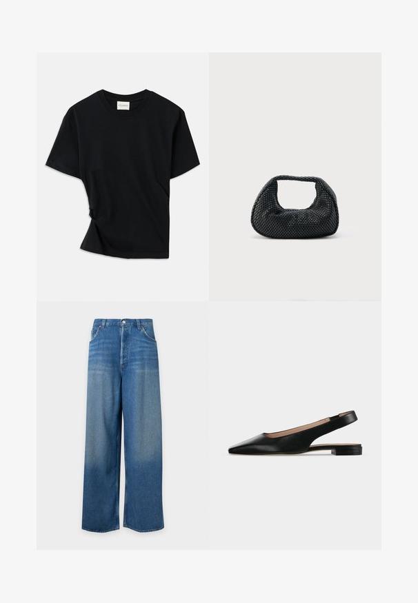 T-shirt noir en coton doux, doté d'un col rond, de manches courtes et d'un design légèrement torsadé pour une coupe décontractée.; Jean denim bleu à jambes larges avec un lavage délavé, fermeture devant par bouton et zip, et deux poches avant visibles.; Chaussure plate en cuir noir avec bride arrière, bout pointu et petit talon carré sur fond blanc.; Sac hobo tissé noir avec une structure souple et une poignée intégrée, présenté sur un fond clair uni.